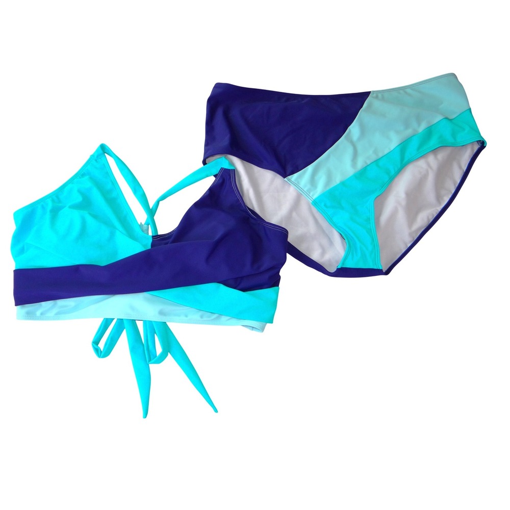 NWT-Rosvigor Womens Plus Size 3XL Colorblock Bikini Set‎ Purple Teal High Waist